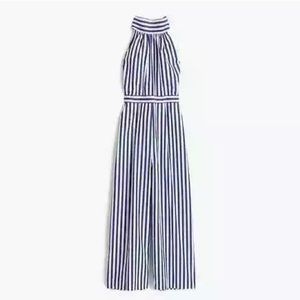 J CREW TUSHAR BLUE WHITE STRIPE HALTER BOW TIE WIDE LEG JUMPSUIT sz 0